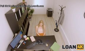 First time blonde debtor seduces loan officer with her sexy shaved pussy on table
