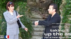 ”Mature Sophie Pasteur is banged up the butt by the landlord”