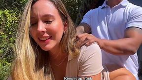 Seductive blonde latina enjoys passionate fuck and creampie outdoors