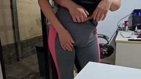 Masturbating Her Camel Toe on the Table with the Neighbor's Help