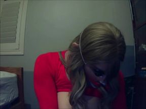 Jane Destroys Rubber Glove Hands Masked Fetish with Fake Tits