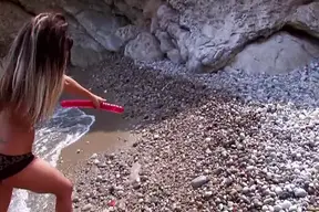 Stunning French ladies share a hard cock on the beach