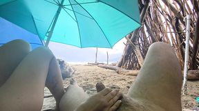 4K! MissCreamy Teacher Handjobs My Cock Under Public Beach Umbrella in Rain!