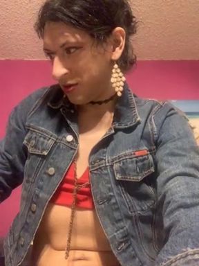 Cute Latina Transgirl in Fishnets &amp; Red Heels Puts On Small Pink Leashed Chastity &amp; Sucks Dildo, As Usual