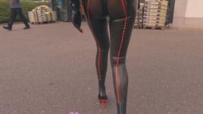 Shopping Time Pierced Latex Girl in Transparent Ishtar and Brute Demask Ass Shaping Leggings, Blouse,  Jacket, Demask  Corsett & Gloves walks in the city and shopping at grocery store with piercings rings hanging out & Masturbating Rubber Dildo PART II