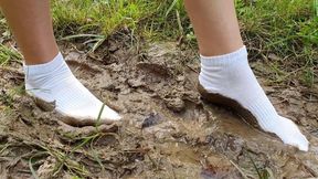 Muddy white ankle socks, white socks forest walk, wet white socks, white socks stuck in mud