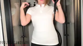 Businesswoman gets soaked in the shower and can't resist some steamy fun.