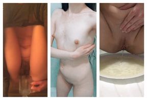 Compilation Girl Pissing: brunette peeing in a coffee cup, in a plate, in the shower and in the toilet