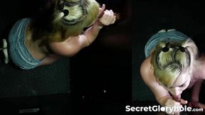 Blonde cutie Sage Pilar enjoys her first gloryhole blowjob experience