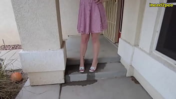 Sinn Sage pissing her panties and pink dress outside