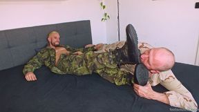 Barefoot soldier Ridick foot worship and tickle