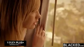 Shaved blonde babe gets protected from ex by big black boss