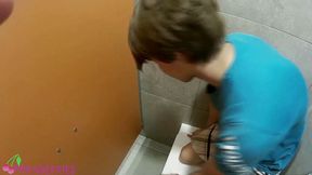 Jerk off on twinks ass in public toilet