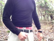 Public wanking in the woods. Sagging in my AE Boxers.  I jerk-off and cum in the woods.