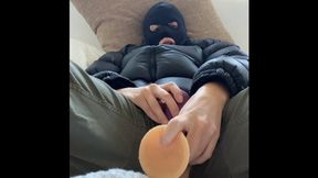 Black Down Puffy Jacket And Crotchless Pants Masturbation