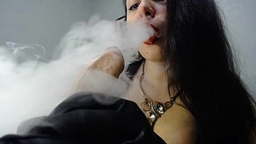 Hot blowjob with blow smoke from big boobs milf in sexy latex dress