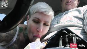 ”Inked Bitch Swallows Cum After A BJ In The Car - Free Porn Video”