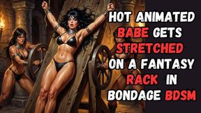 Sexy muscled raven haired babe is tied to a rack in the dungeon and stretched by two kinky fetishists in BDSM bondage