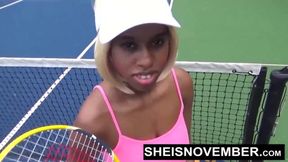 Skinny Tiny Slut Convinced Into Outdoors Point Of View Blowjob And Cum In Mouth Facial Cumshot After She Lost Tennis Match By Big Cock Stranger, Sexy Black Girl Sheisnovember Exposing Large Natural Tits And Hard Nipples By Msnovember