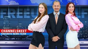 Sexy News Anchor Fucks Fellow Broadcaster & Hot Chick on Live TV