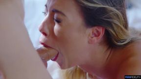 Brunette Anastasia Brokelyn gets a creamy pie in blue attire