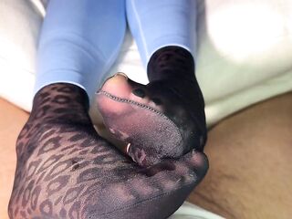 Nylon footjob in leopard nylon socks