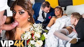 Bride in white dress watches bestie get fucked hard