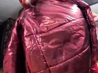 Red Nylon Jumpsuit Fetish Cameltoe Tease, Unfathomable Oral pleasure and Cum on My Downjacket
