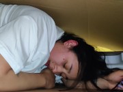 Stepsister receives anal internal cumshot through a hole in a box