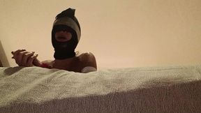 bound and hooded in a bed i have my mouth fucked. ring gag, lot of spit and huge oral creampie