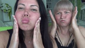 We puff out our cheeks and blow them out with different sounds Li