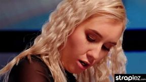 Hot lesbian lovers enjoy strapon fucking in shiny black nylon