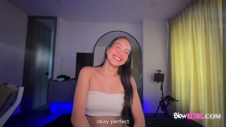 Girl with super pink pussy gives her first blowjob in front of the camera