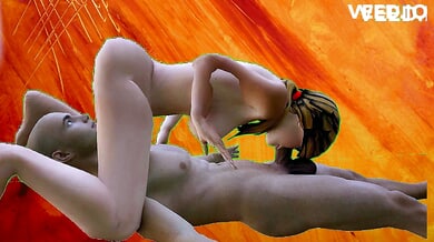Animated dark-haired woman gives a blowjob to a bald man in orange fantasy setting