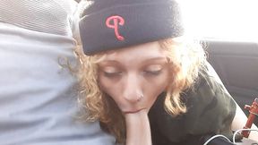 Young blonde slut sucks cock and swallows cum in car