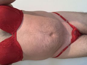 Special red lace thong and bra with cock ring and butt plug