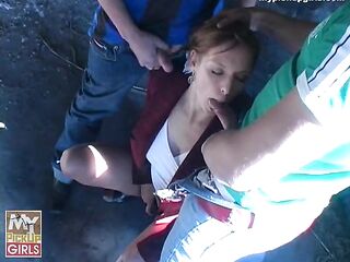 Angel gets screwed by 2 in a public place