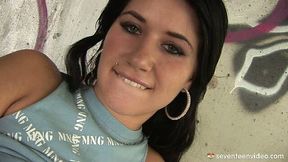 Filthy brunette teen boffs her asshole and pussy with thick dildo