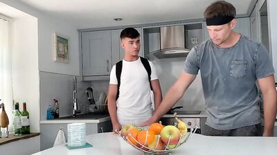 Cute stepson gives a foot massage and a blowjob before riding dick