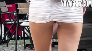 Risky public flashing leads to hot brunette blowjob in Germany