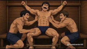 Sauna Bench Bound - Sweat-Slick Muscle Jock Tickled On Armpits And Abs (2D Anime Bara)