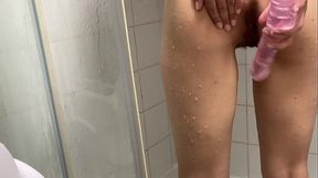 Real Amateur - Teen Arab Fucking myself in shower with a huge dildo makes me cum During Eid