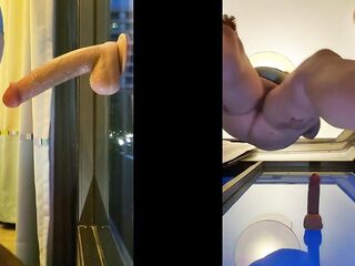 Kiwi MILF bitch impales herself on Vibrator stuck on Hotel glass window for all to see