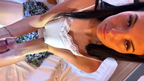 Hot brunette with big tits play with her boobs and changes clothes to tease while milking precum