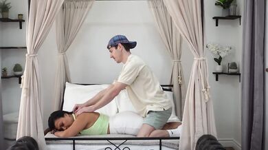 Filipina stepmom melts under stepson's massive hands massage