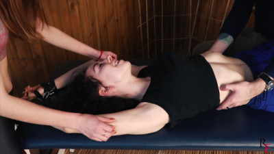 Tickling of sport Albina's body + 4 hands tickle