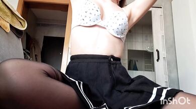 Petite brunette cosplay fingering her pussy after class