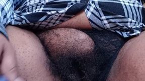 Goth girl flashes wet, hairy pussy in public for orgasm