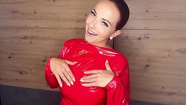 Strip in a tight, red latex dress!!