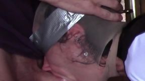 Hooded in Nylon, Blindfolded with Duct Tape, Facialized, and Cummed in Mouth
